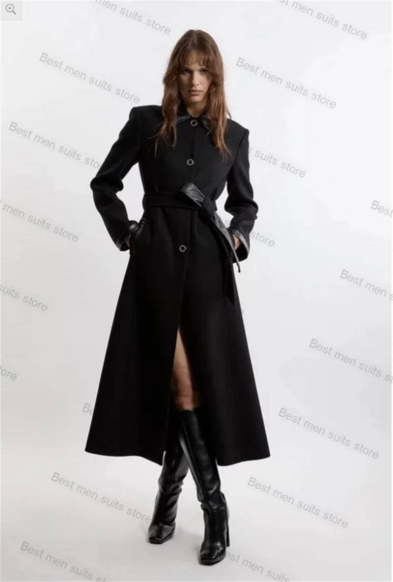 Black Woolen Women Suit 1 Piece Blazer Cashmere Overcoat With Belt Formal Office Lady Coat Jacket Customized Wedding Prom Dress