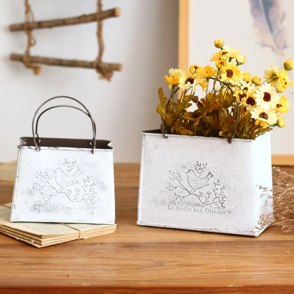 Vintage Distressed Handbag Flower Pot Wear-resistant Plant Bucket Metal Flower Basket Decorative Pot Flower Vase