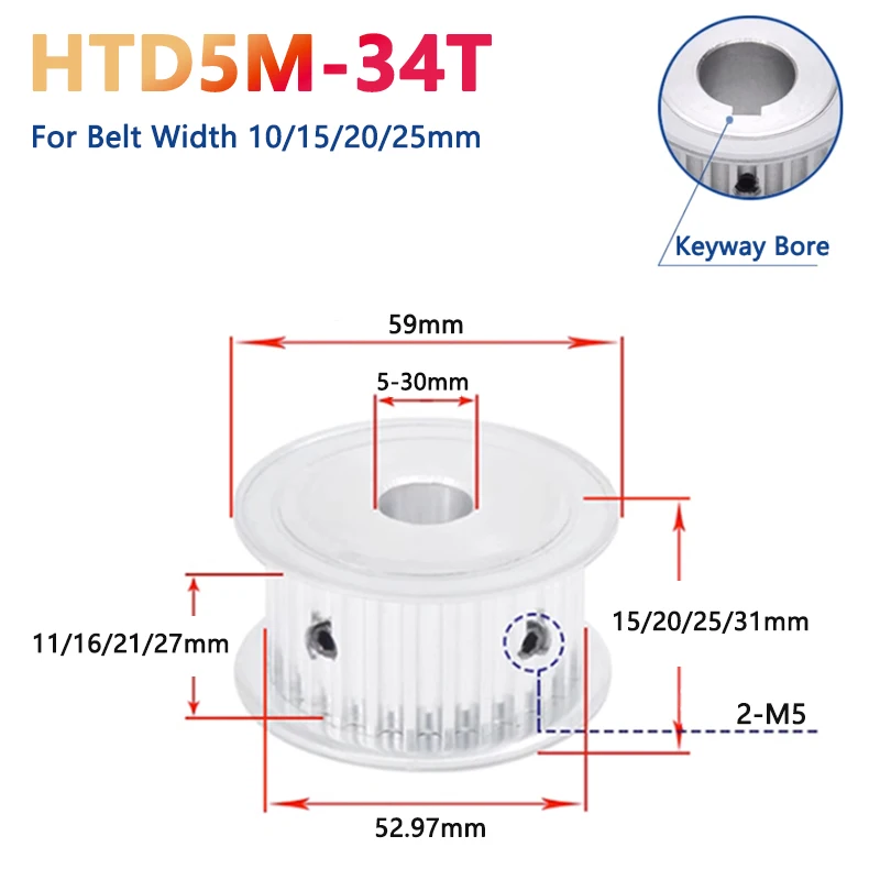 1 pz 34 denti HTD 5M puleggia dentata alluminio HTD5M 34 T ruota sincrona per larghezza cinghia 10/15/20/25mm alesaggio 5 6 8 10 12 12.7-30mm