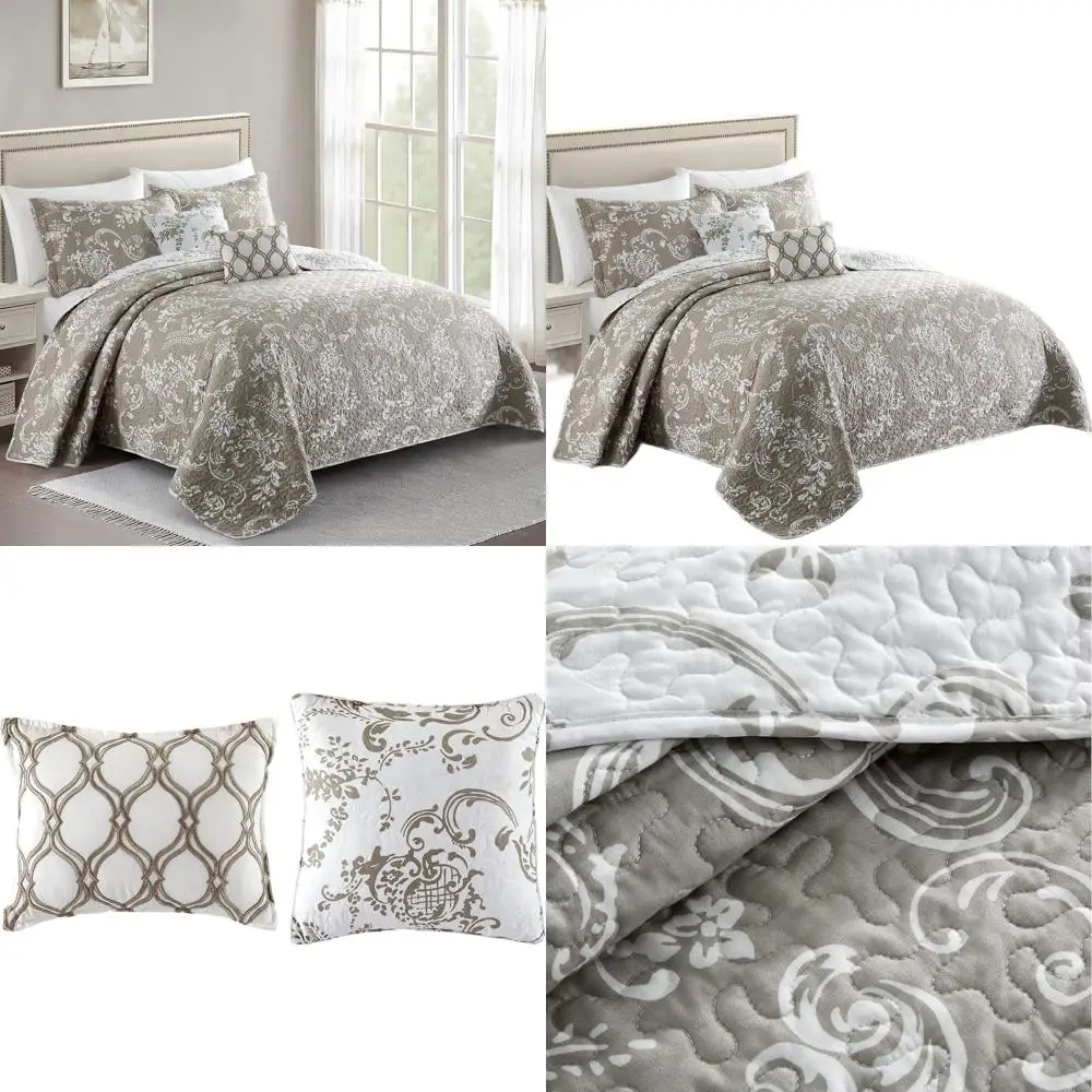 

Комплект стеганого покрывала King Size из 5 предметов (двусторонний, телесно-бежевый и белый) с подушками