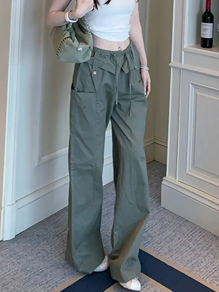American Style New Women Workwear High Waist Loose Fit Pants Multi Pockets Waist Straight Trousers Causal Ladies Wide Leg Pants