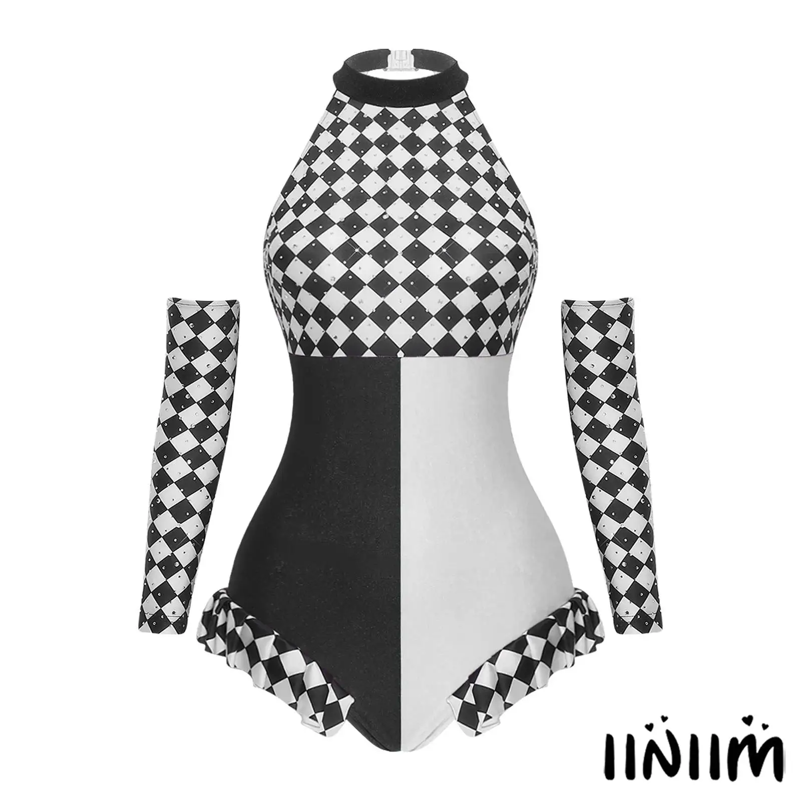 Women Clown Halloween Costume Halter Backless Ruffled Trim Color Block Leotard with Rhinestone Checker Gloves Role Play Bodysuit