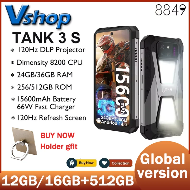 Unihertz 8849 Tank 3S Rugged Phone 12GB /16GB+512GB Night Vision Projector 6.79'' Android 14 Dimensity 8200 15600mAh 66W 5G