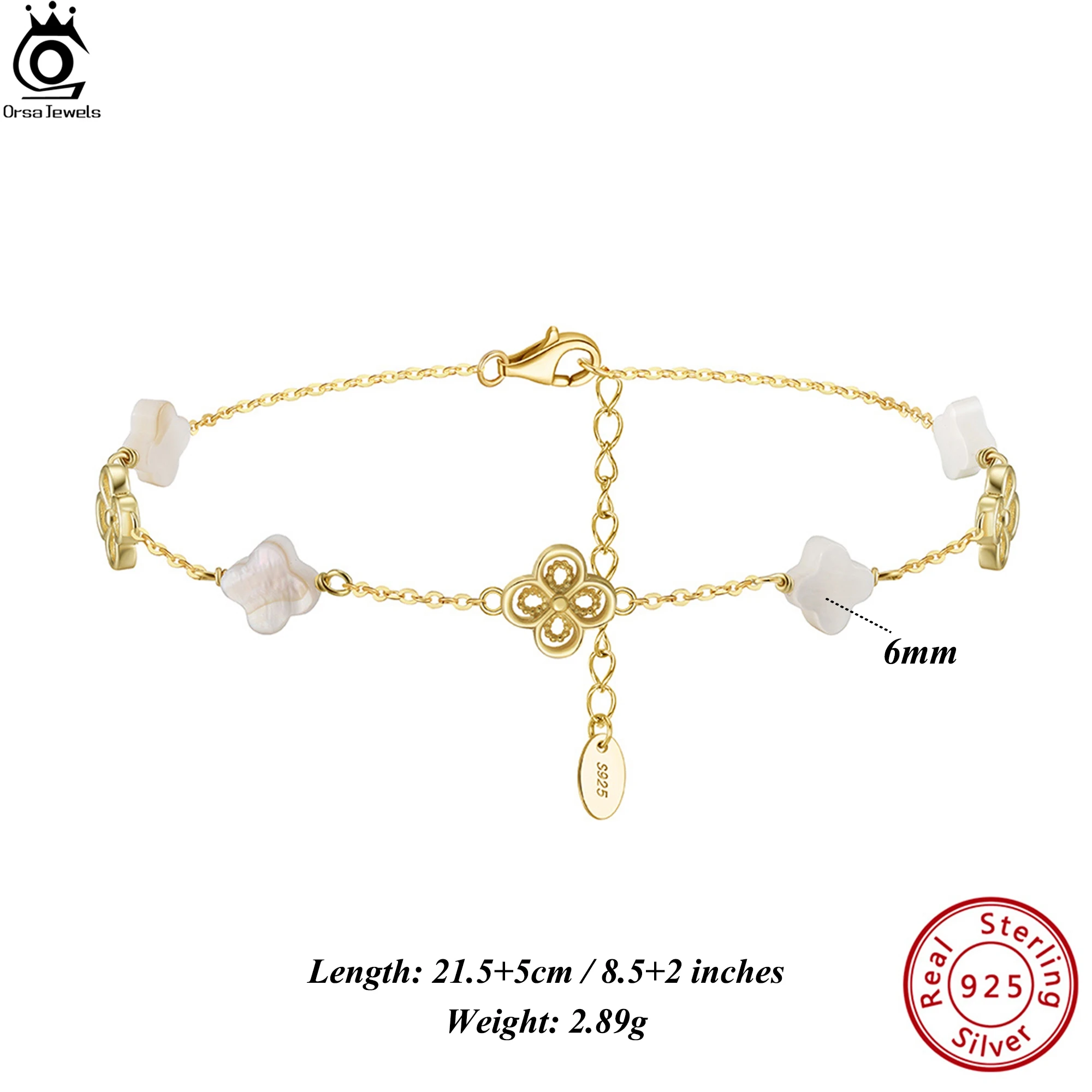 ORSA JEWELS 925 Sterling Silver White Shell Anklet Four Leaf Clover Design Nature Style Lucky Symbol Summer Accessory Gift GMA03