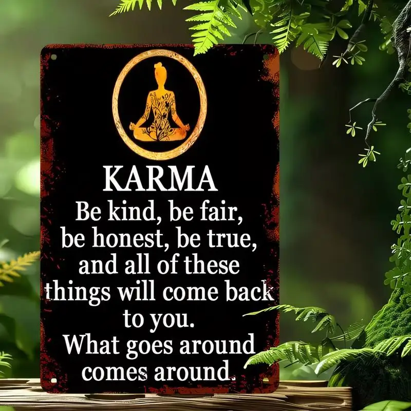 Vintage Karma Yoga Meditation Metal Tin Sign, Black Retro Wall Art w/ Inspirational Quote, Iron, Home/Yoga Studio Zen Decor - Ki