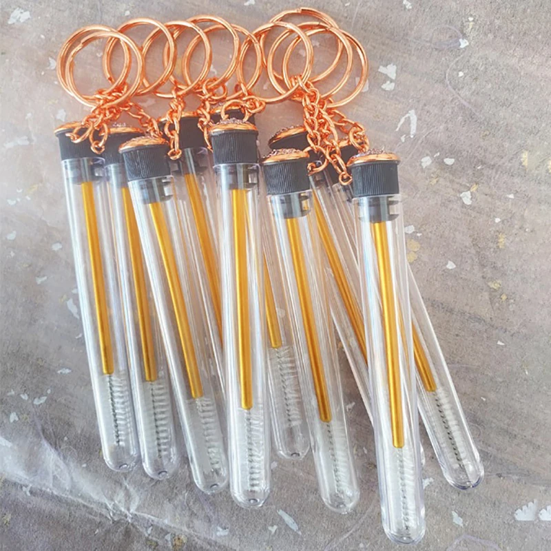 Gold Reusable Eyelash Brush Tube Keychain Plastic Lash Spoolie Container Glitter Cils Mascara Wands Keyring