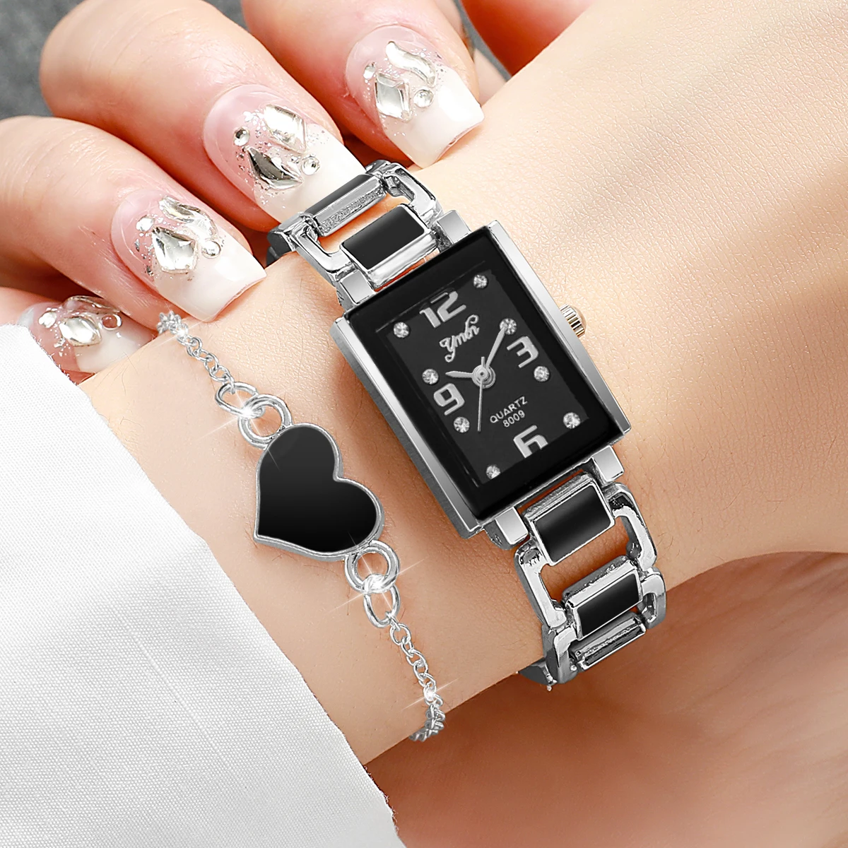 2PCS/Set Fashion Square Women Watches Ladies Quartz Watch Heart Bracelet Set Reloj Mujer Girls Clock Gift(Without Box)