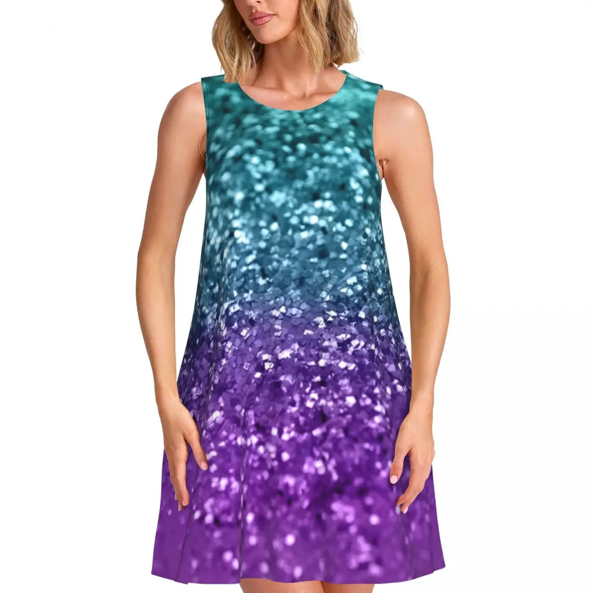 Sparkle Shiny Casual Dress Purple Teal Mermaid Sleeveless Boho Dresses Female O Neck Basic Dress Date Pattern Vestidos Present