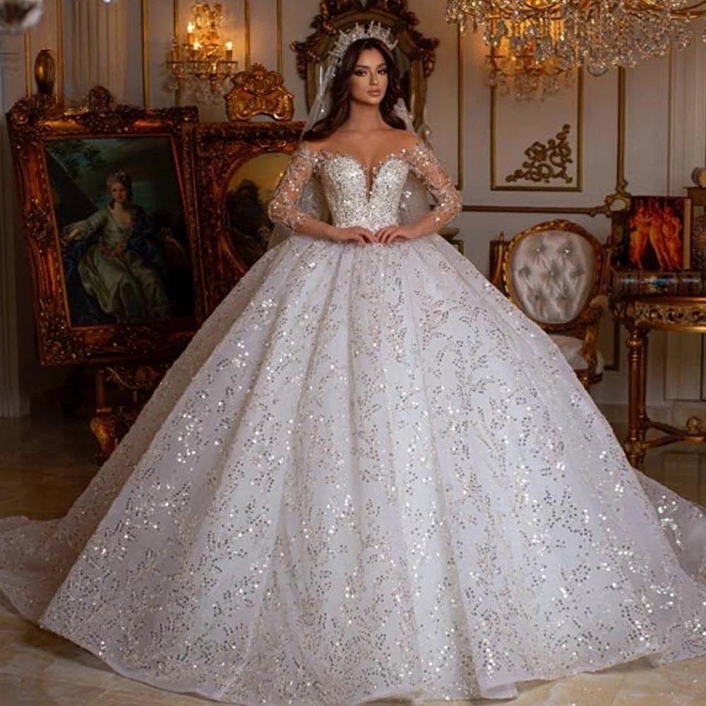 Gaun pesta mewah gaun pengantin berkilau 2023 jubah lengan panjang Sweetheart De Mariee gaun pengantin berpayet renda vestido novia