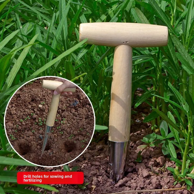 T Handle Garden Hole Punch Fertilizer Planter Seedling Transplanting Tool Wooden Handle for Planting