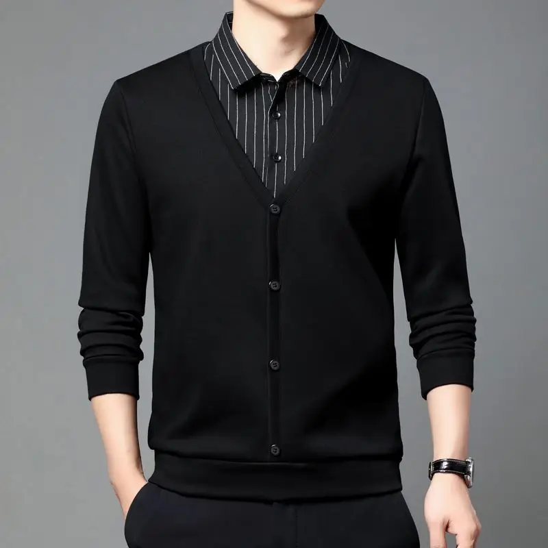 Fake Two Pieces Turn-down Collar Men's Pullover Button Long Sleeve Contrast Color Striped Patchwork Formal T-shirt Business Tops