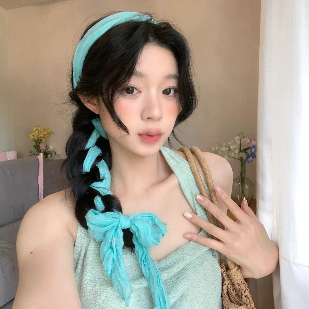 Vintage Literary Style Long Ribbon Scarf Women Mint Green Kerchief For Jinsou Spring Elegant Casual Hair Band Neck Wrap