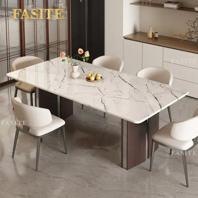 For Large Apartment Rectangular Dining Table Fish Belly White Marble Light Luxury High End Home Furniture Set with Chairs
