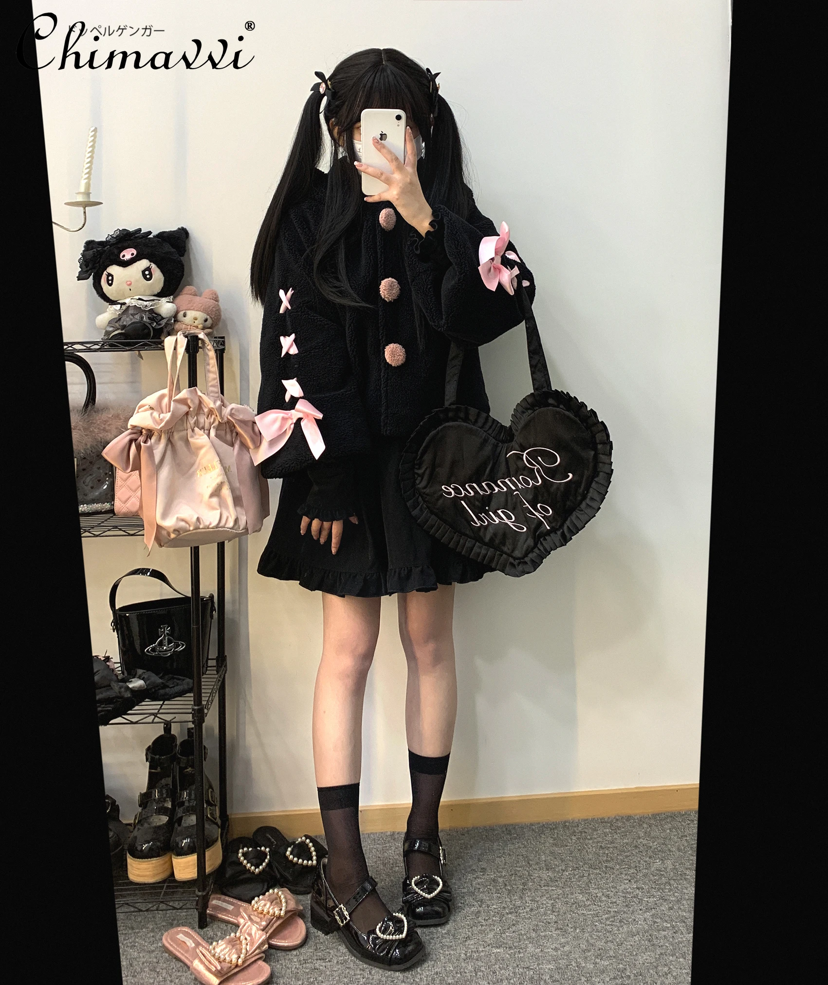 

Original Japanese Sweet Plush Rabbit Ear Button Tie Bow Jacket Autumn Winter New Subculture Long Sleeve Warm Elegant Coat