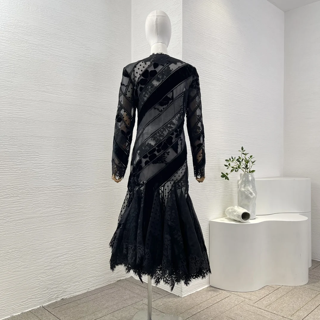 2025 New Hot Black Beige Lace Patchwork Irregular Hem Pleat V Neck Midi Dress for Women