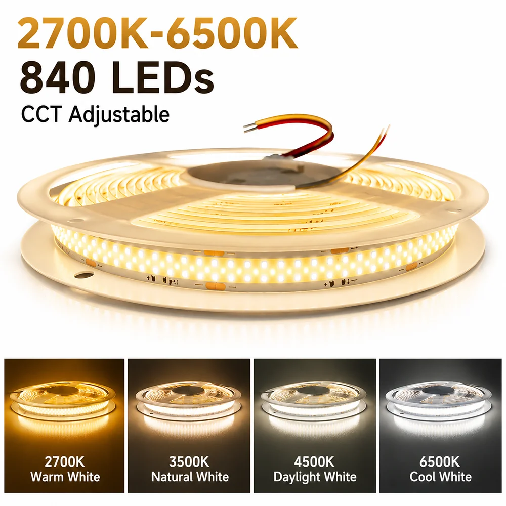 5m/lot DC24V COB CCT 20W/m 840LEDs/m LED Strip Light Dimmalbe 2700-6500K Dual Color 10MM Width Flexible Tape Light for Home Car
