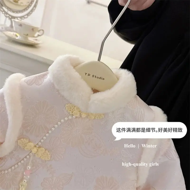 فستان هانفو شيونغسام للفتيات للخريف والشتاء فستان الأميرة الغربي السميك من القطيفة للأطفال #4