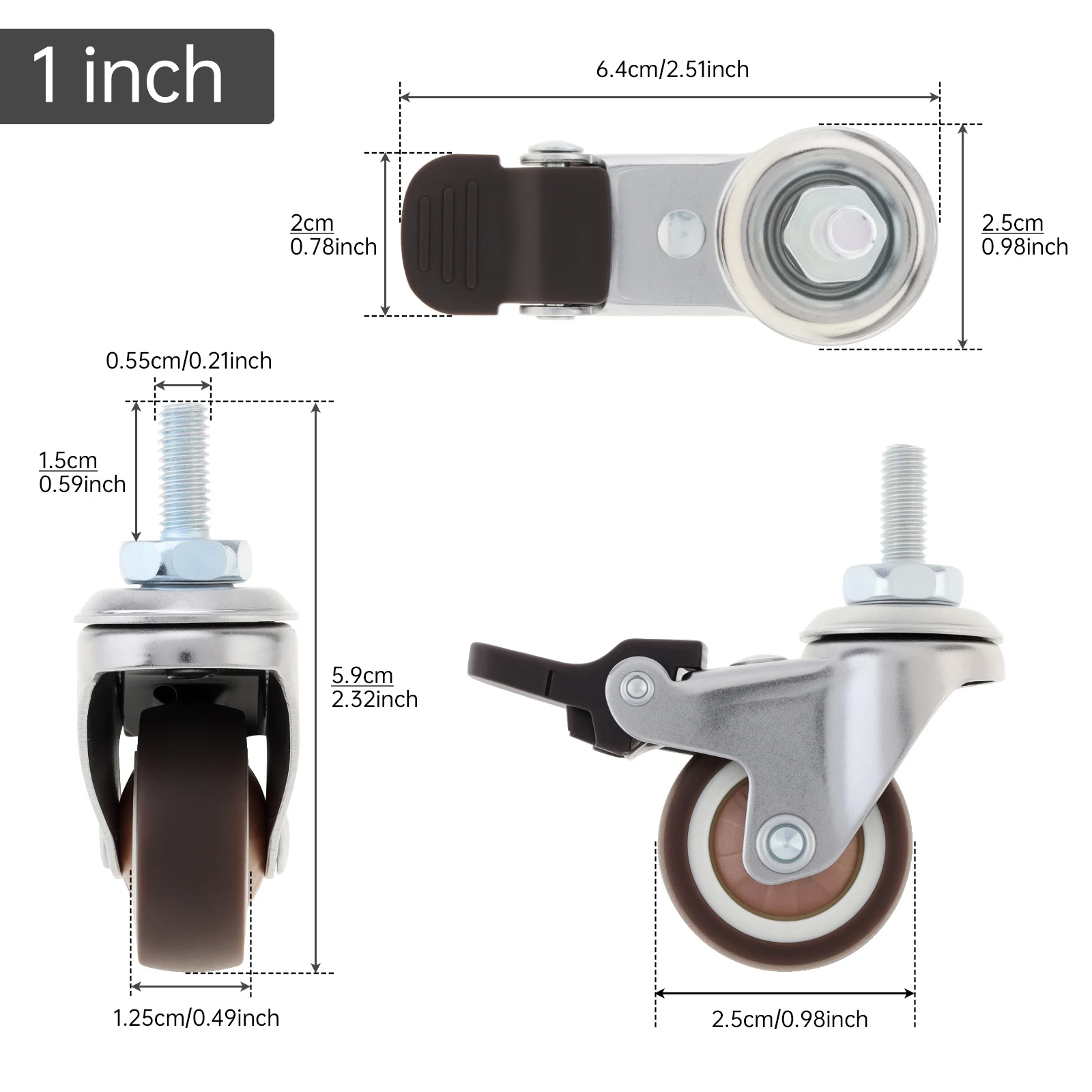 4pcs 1/1.25/1.5/2 inch Metal Top TPR Rubber Small Ball Bearings Wheel Casters Set for Furniture / Cabinet / Table with Brakes