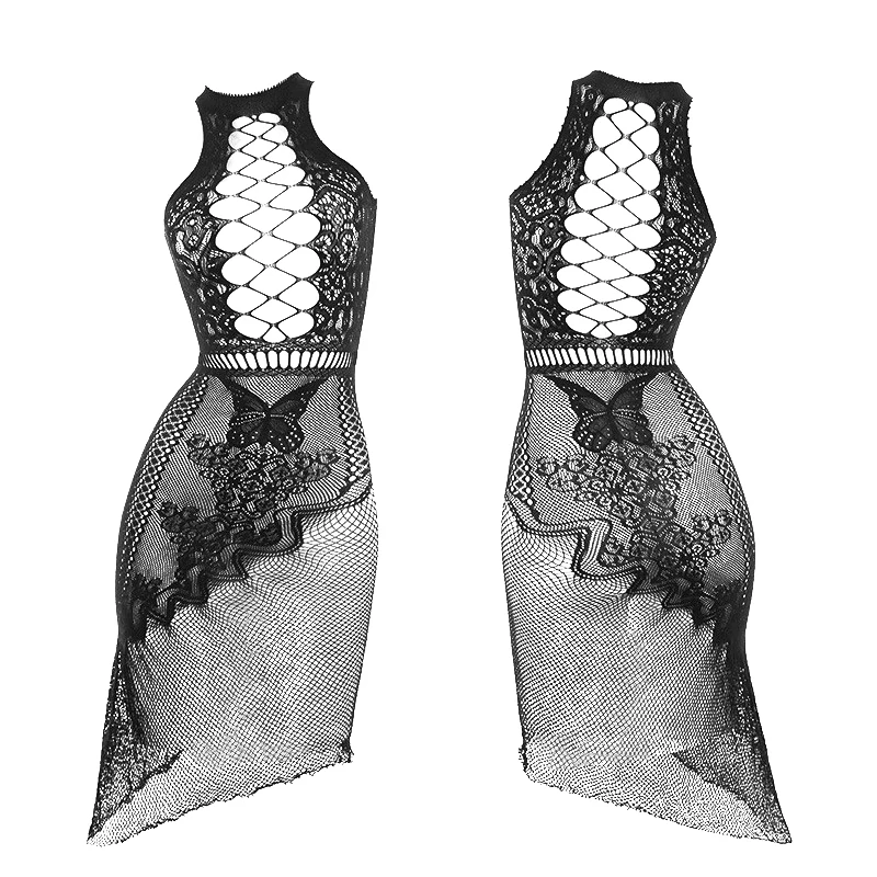 

Women Sexy Lingerie See-through Bodycon Mini Dress Mesh With Butterfly Sleeves Nightgown