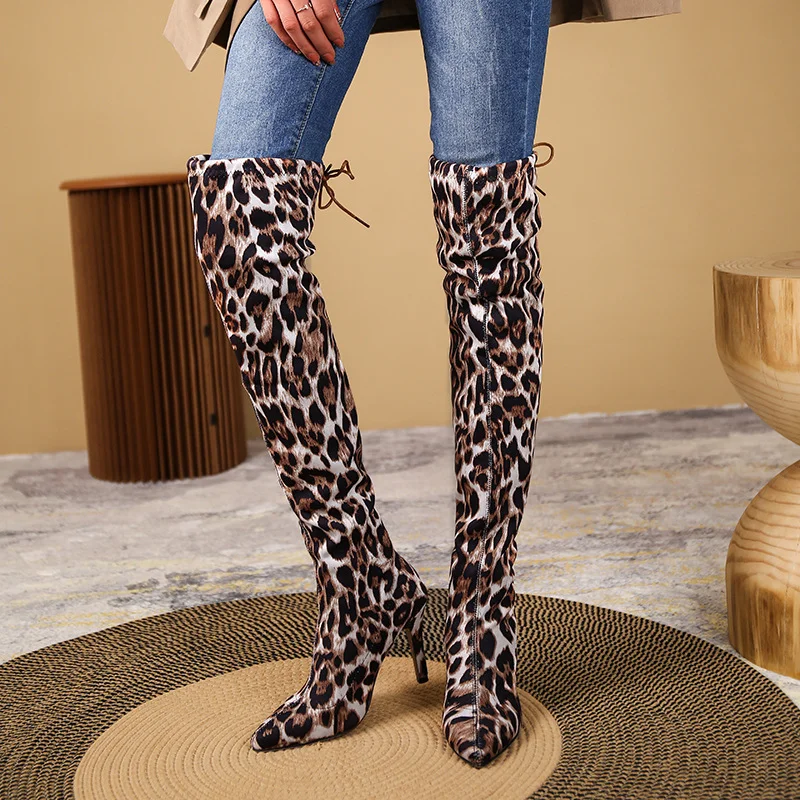 Ladies Fashion Leopard Print Over Knee Boots Autumn Winter High Boots Pointed Toe Stretch Fabric Ladies High Heels Bottes Femme