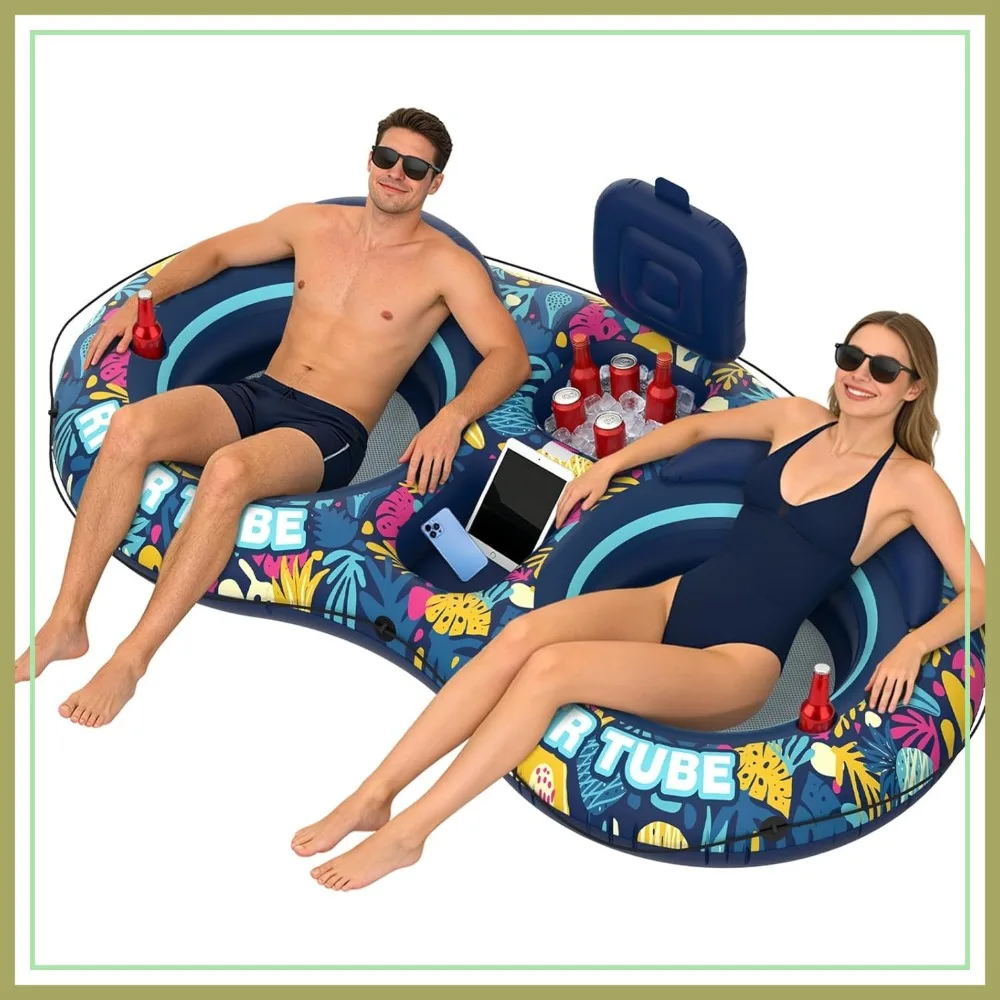 

2 Person River Tube Inflatable Heavy Duty Pool Float with Backrests, Built-in Cooler & Cup Holders for Lake, Swimming, Tanning