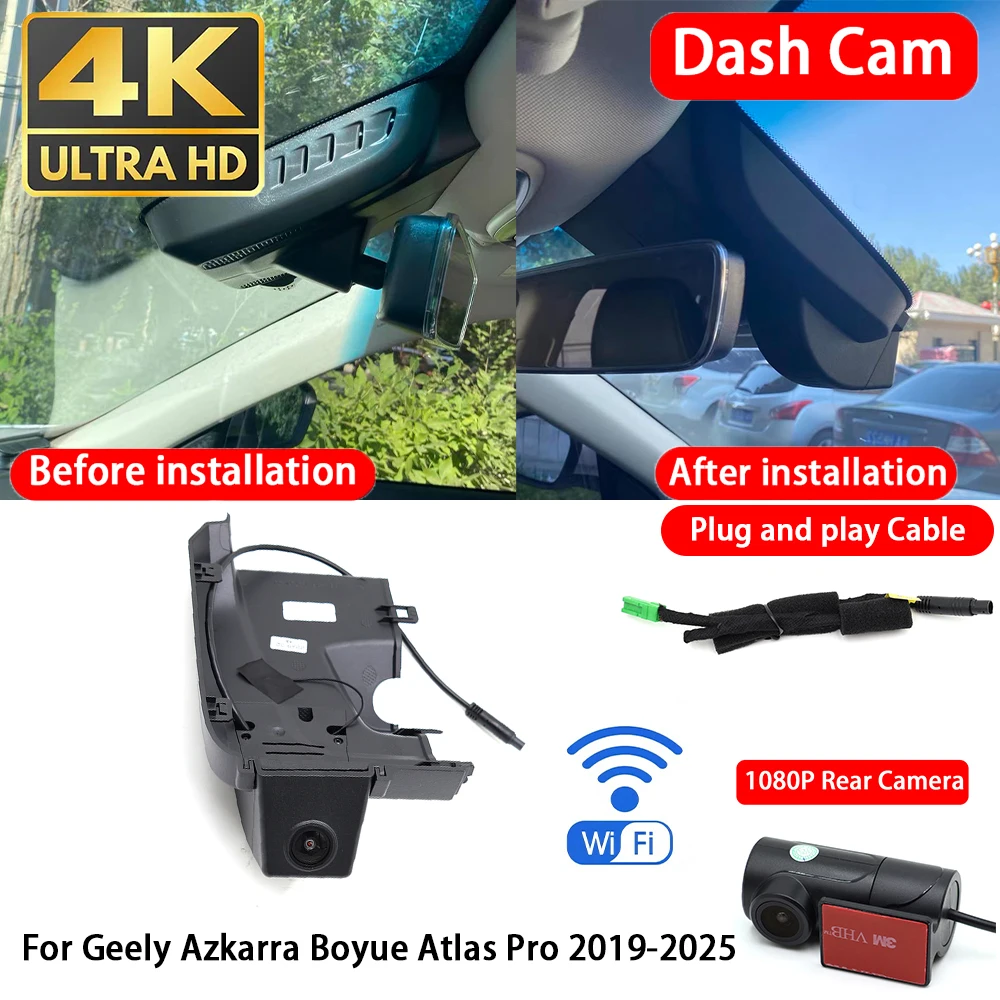 Cámara para Auto 4K con Wifi, Plug & Play, Grabación en Bucle, para Geely Azkarra Boyue Atlas Pro 2019-2025, Grabación Delantera y Trasera