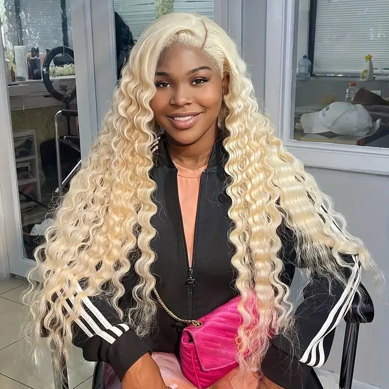 13x4 Lace Front 150 Density 613 Blonde 13x6 Lace Frontal Wig Blonde 40 Inches Deep Wave Glueless Curly  Human Hair Wig