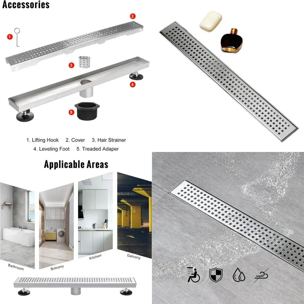 

24 Brushed Stainless Steel Linear Shower Drain with Square Grate and Adjustable Feet