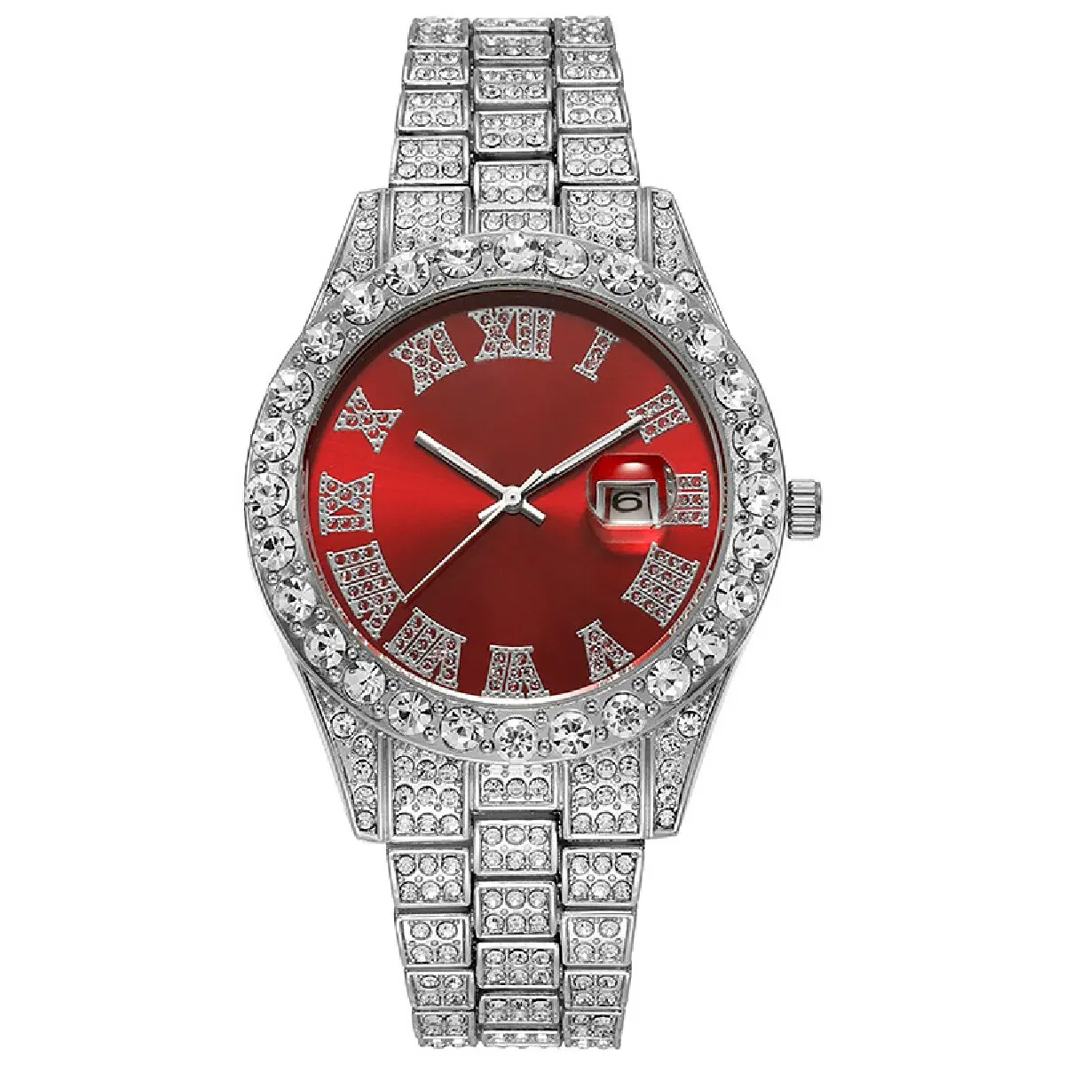 Homens Roman Graduado Diamantes Quartz Watch, Aço Band, Hip Hop, Calendário