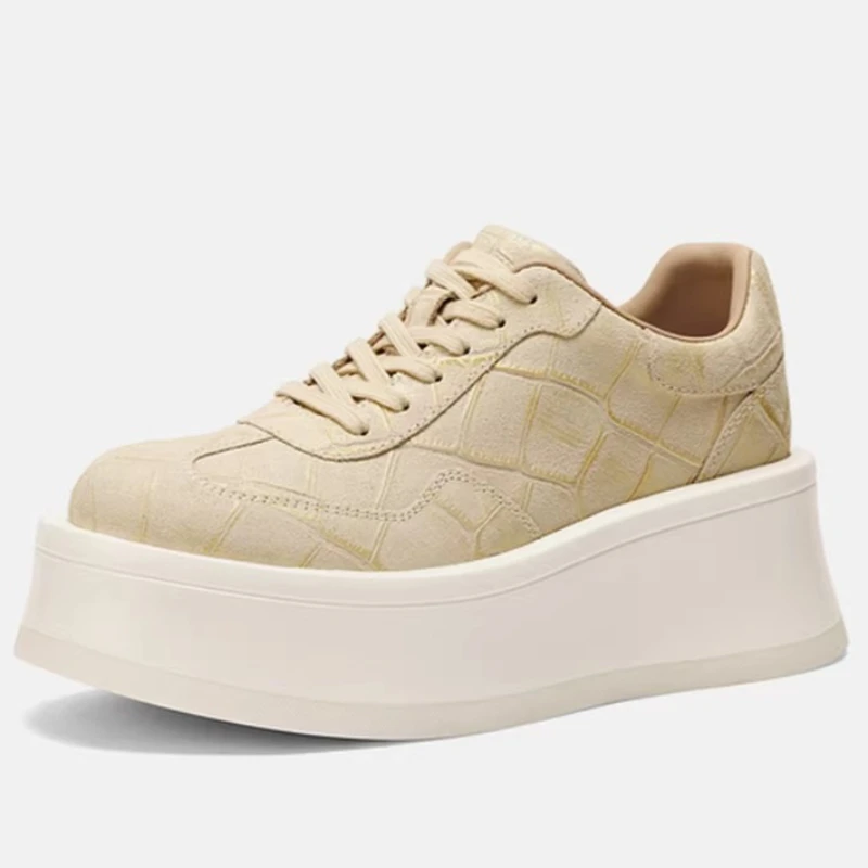 Pink Gold Casual Shoes for Women's Genuine Leather Thick Sole Height Increasing Shoes Comfortable Fashion Sports Baseplate Shoes