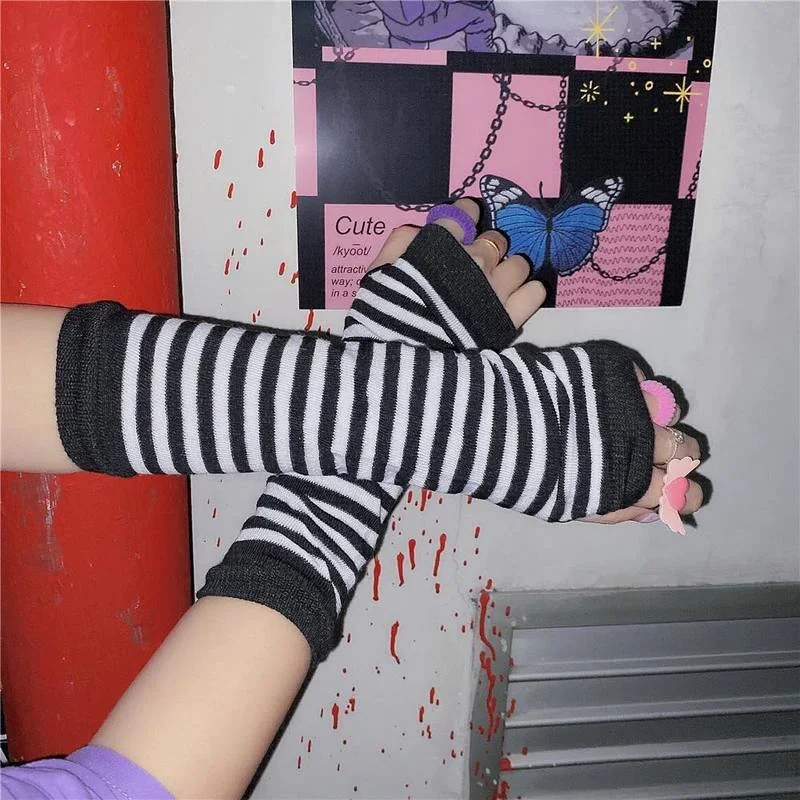 Women\'s Black White Gloves Soft Knitted Long Fingerless Arm Gloves Anime Striped Elbow Mittens Christmas Gothic Arm Warmer