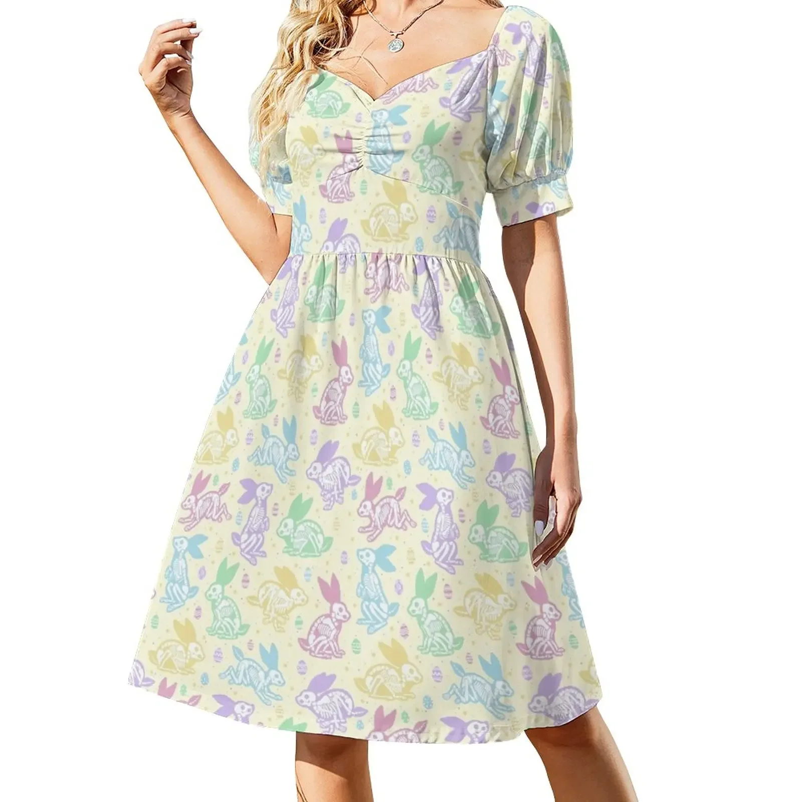 

Easter Bunny Skeletons on Cream Short-Sleeved Dress beach outfits for women Women long dress Woman fashion