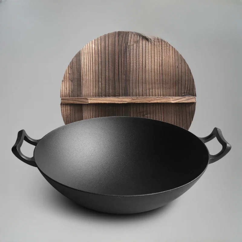 Double Ear Cast Iron 40cm Old style Thickened Round Bottom Household Fry Pot with Uncoated Pig Iron