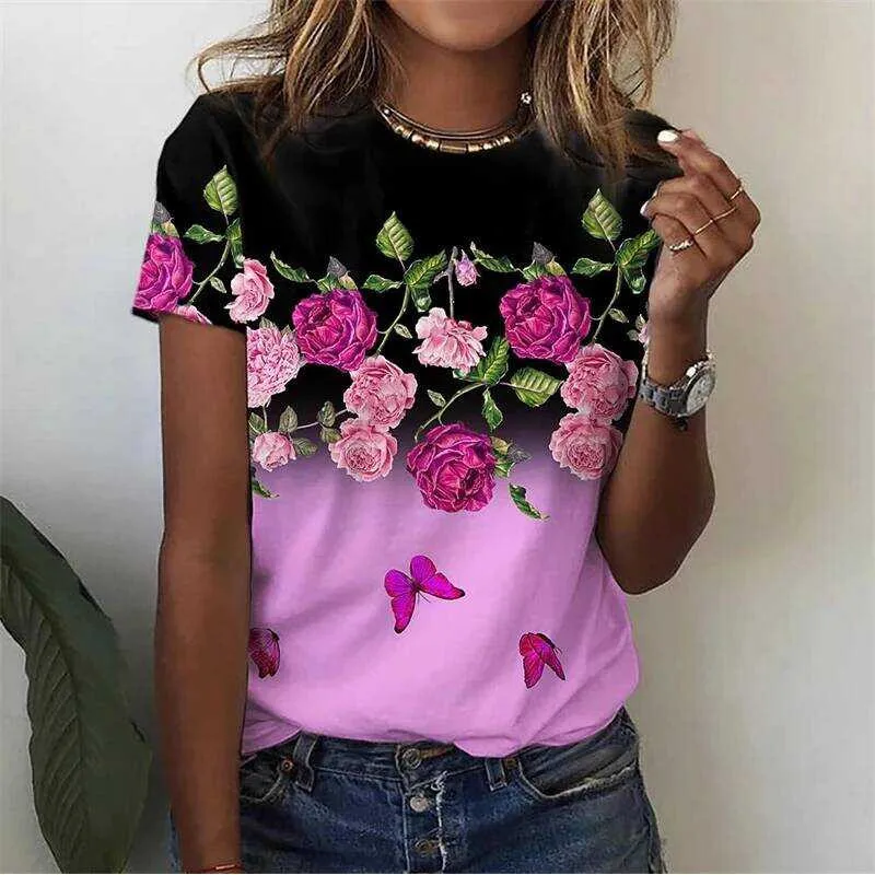 New Women's T-Shirt with 3D Flower Print - Summer Short Sleeve