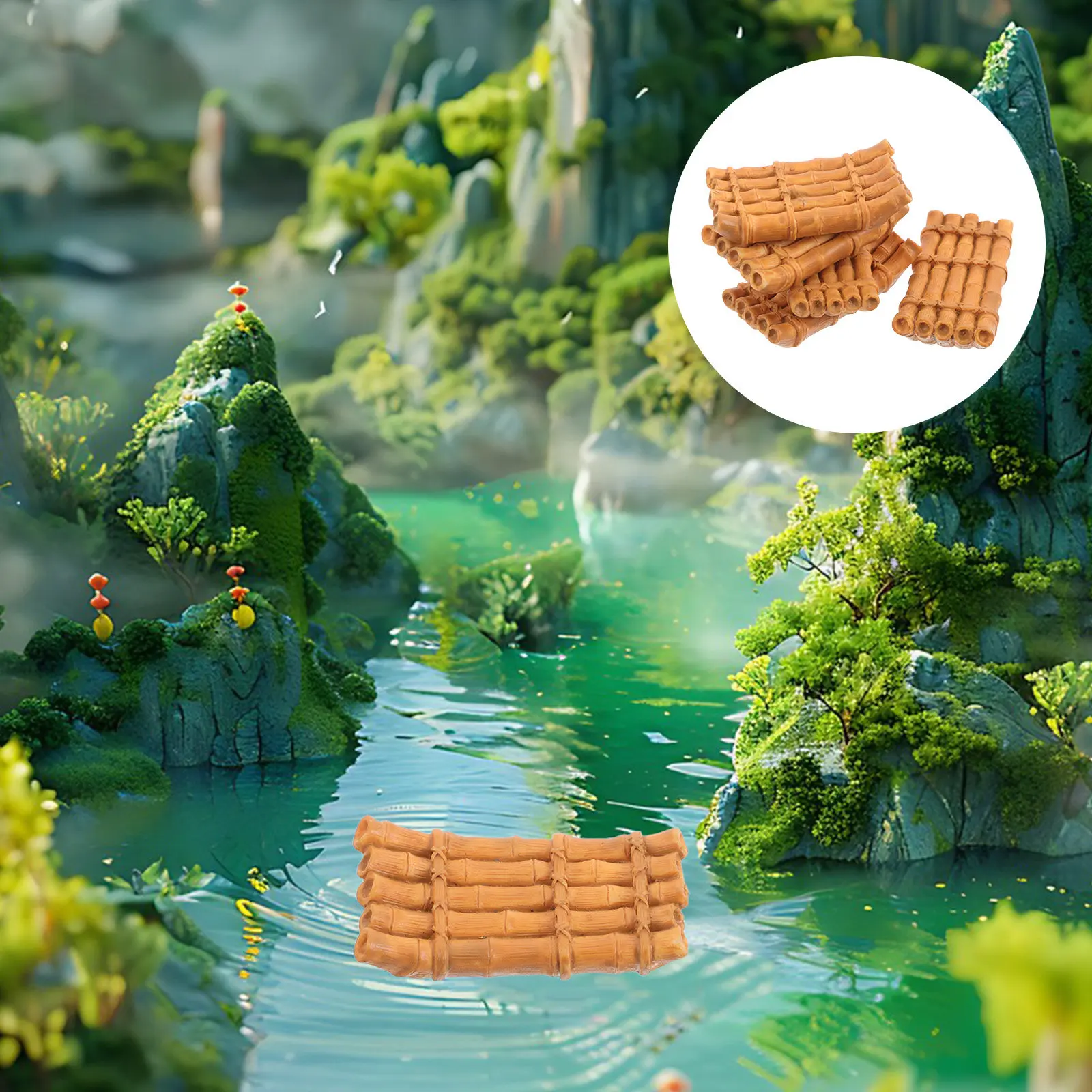 15Pcs Lifelike Mini Bamboo Raft Resin Decoration for Micro Landscaping Bonsai Terrarium Indoor Outdoor Space Nautical Sculpture