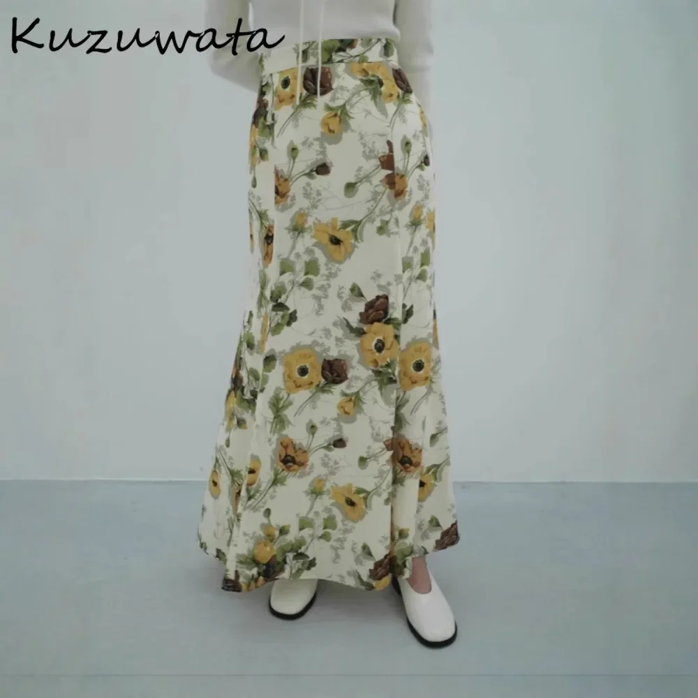 Kuzuwata Minority Literary Prairie Chic Print Skirt Mid-length Bodycon High Waist Slim Falda Japan Casual Elegant Mujer Falda