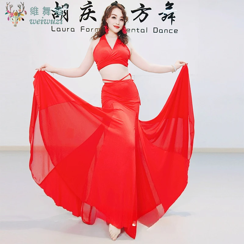 Belly Dance Practice Clothes for Women V-neck Top+sexy Fishtail big swing Skirt 2pcs Adult Oriental Dance Training Costumes