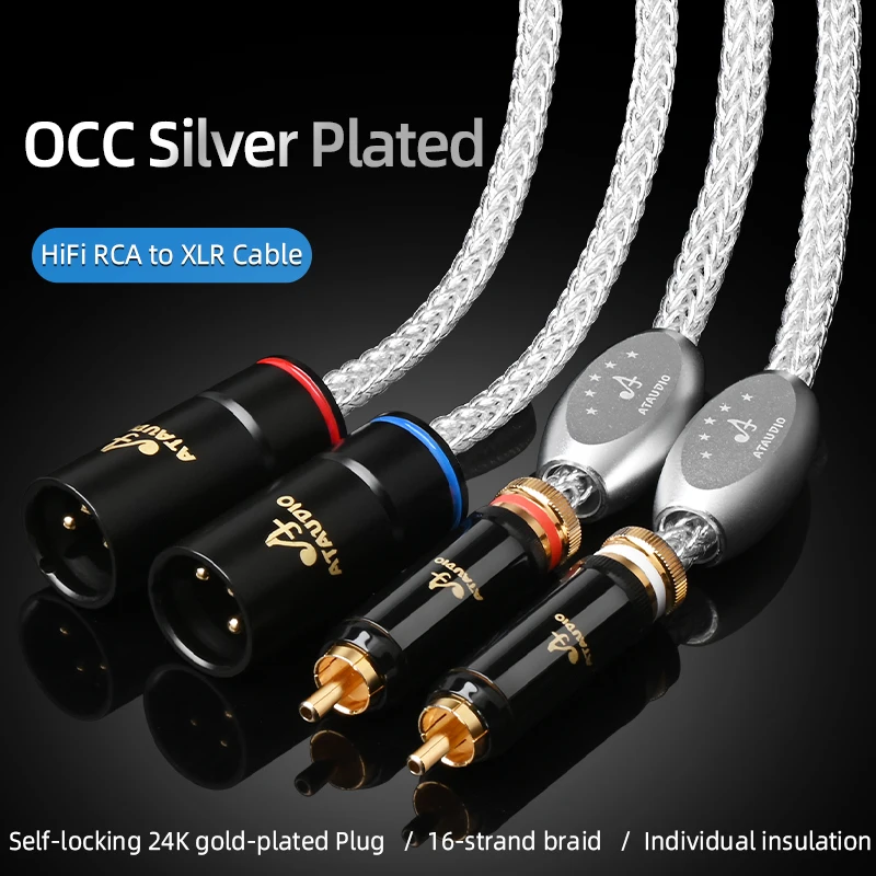 

ATAUDIO HiFi Silver-Plated OCC 2RCA to 2XLR Cable for Preamp Amplifier Locking RCA Male to XLR Male or Female Audio Cable