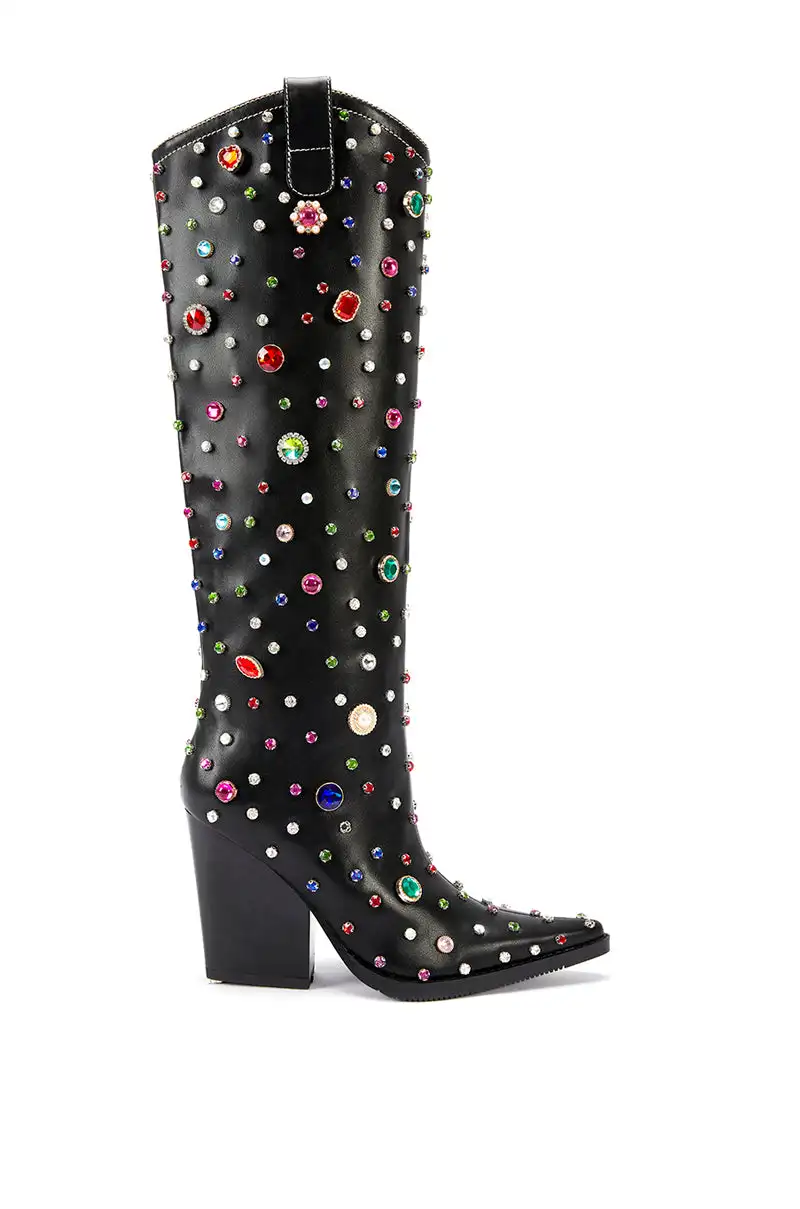 Women Luxury Crystal Cowboy Boots Black  Pointed Toe Glitter Knee High Boots High Heels Zipper Big Size 44 Designer Shoes