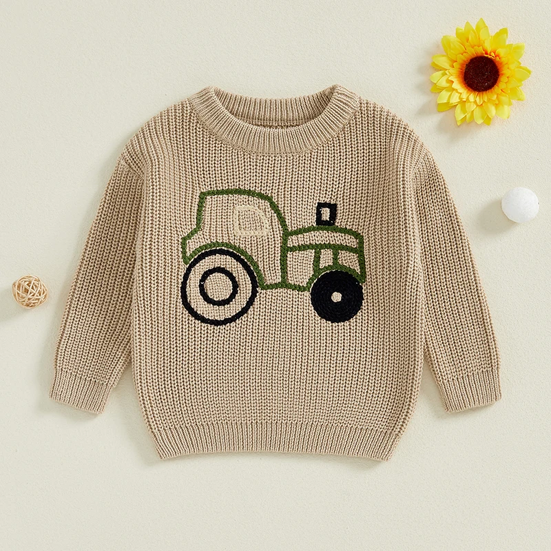 2024-07-09 Lioraitiin Autumn Girls Boys Knit Sweater Long Sleeve O Neck Truck Embroidery Pullover Knitwear