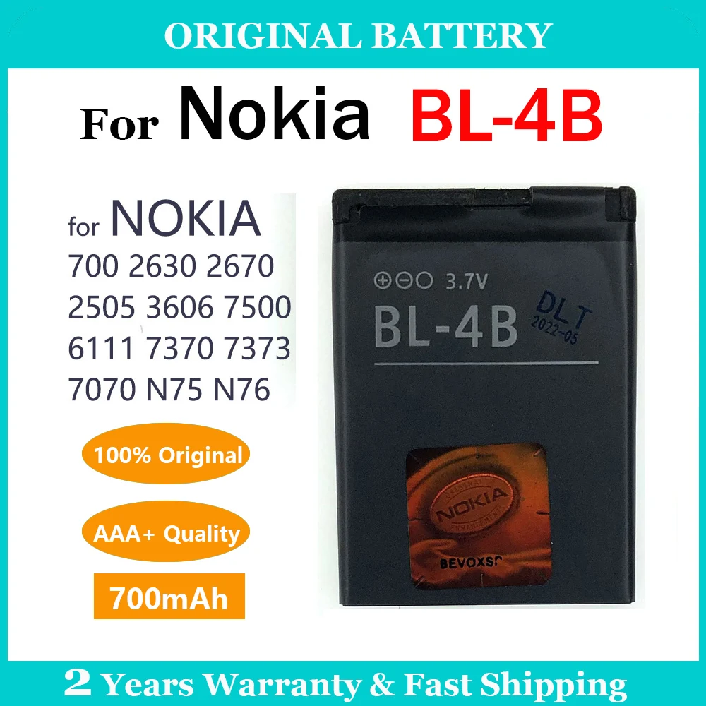 100% Genuine Original Battery BL-4B For Nokia N76 5000 5320XM 7070 2505 2630 2660 2760 7088 2730 6111 N75 Replacement Battery