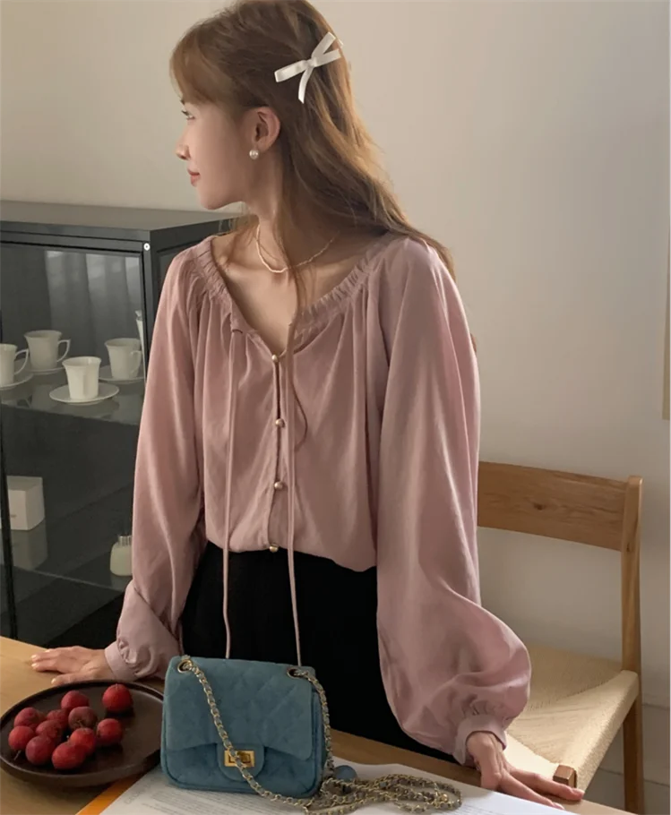 New Elegant Women Shirts Chic V Neck Pearl Single Breasted Lace Up Blouses Female Sweet Soft Lace Up Long Sleeve Blusas Mujer