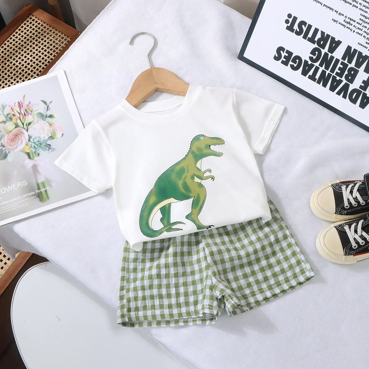 Children's Clothing Sets Dino Adventure Set: Graphic Tee + Checkered Explorer Shorts Toddler Girl Clothes Baby Girl Outfit Set