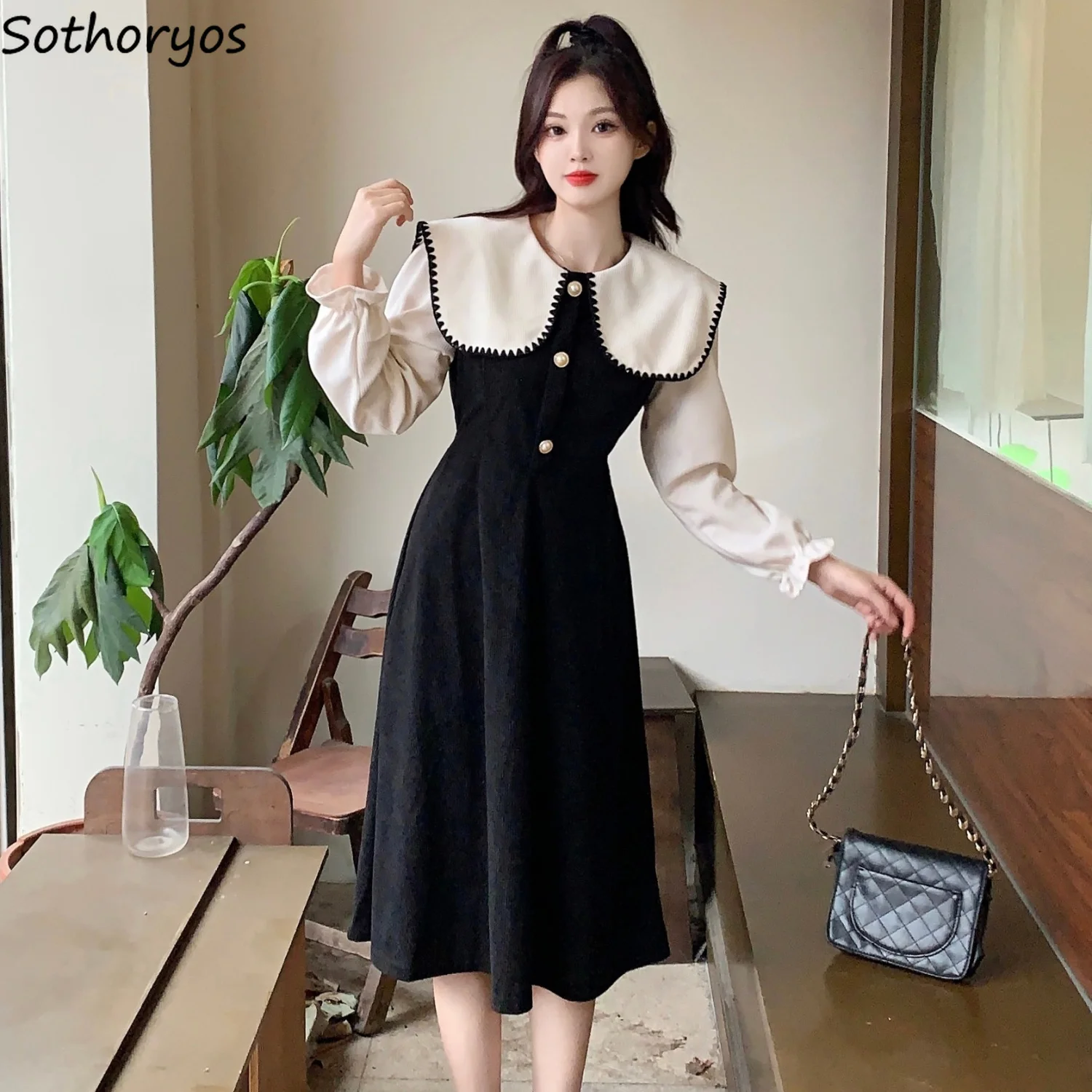 

Dress Women French Style A-line Peter Pan Collar Gentle Vintage Aesthetic Classic Princess Girlish Autumn Corduroy Midi Leisure