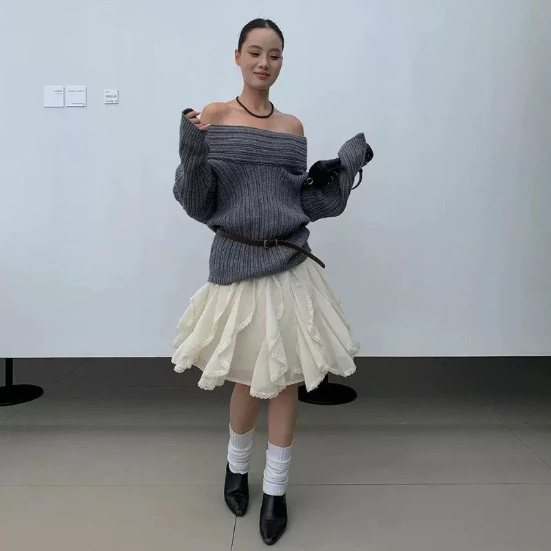Women's Korean Style Lace Tulle Skirt Fairycore Sweet Elegant Ruffle Skirts Vintage Streetwear Irregular Layered Skirts