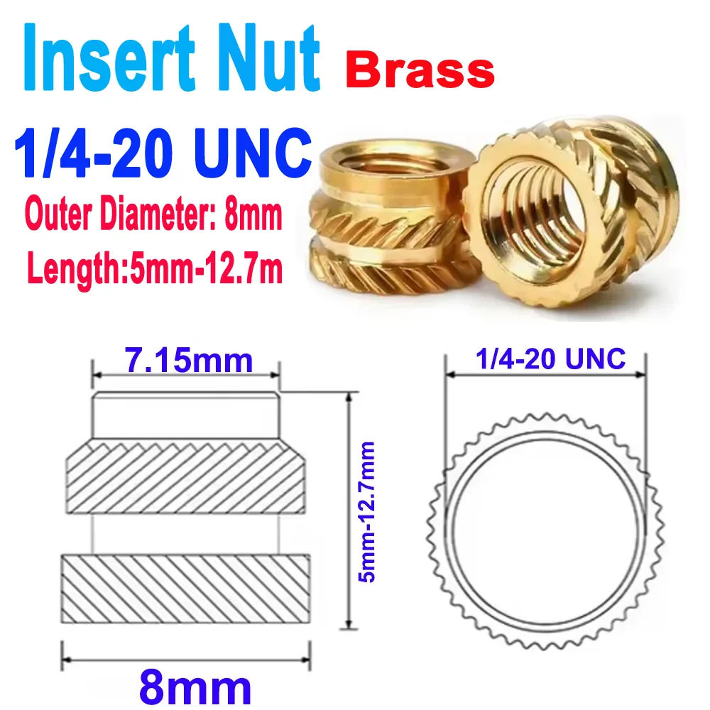 Tuercas de inserción de latón 1/4-20 UNC, rosca moleteada de fusión en caliente, incrustaciones de moldeo por inyección de calor, tuercas de cobre para impresora 3D