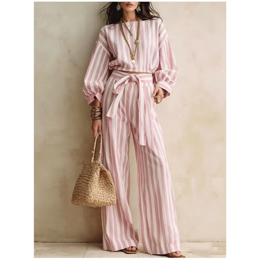 Women New Striped Long-sleeved Shirts Trousers 2piece Set Fashion Casual Ultra-short Top Waisted Lace-up Loose Wide-leg Long Set view 3