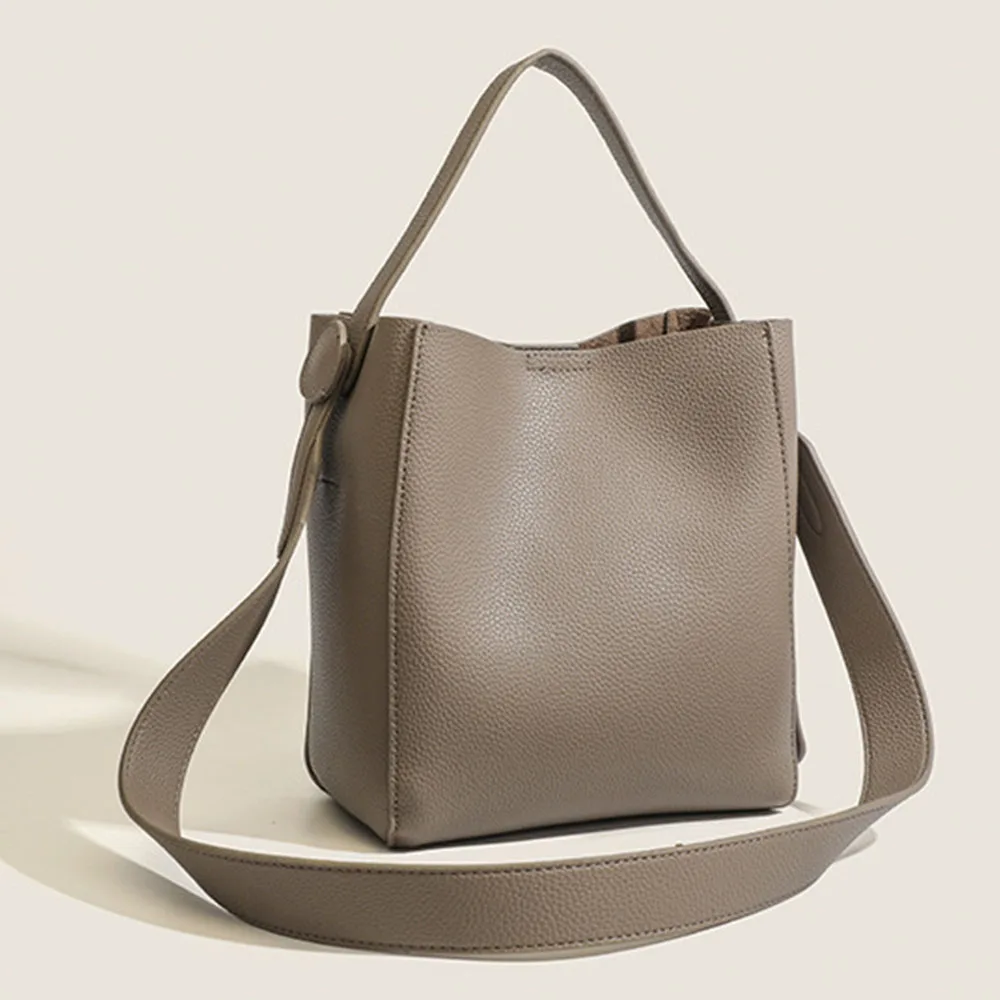 Women Shoulder Bags PU Leather Wide Strap Message Handbag Soft Casual Bucket Large Capacity Simple Multi-function Luxury Tote