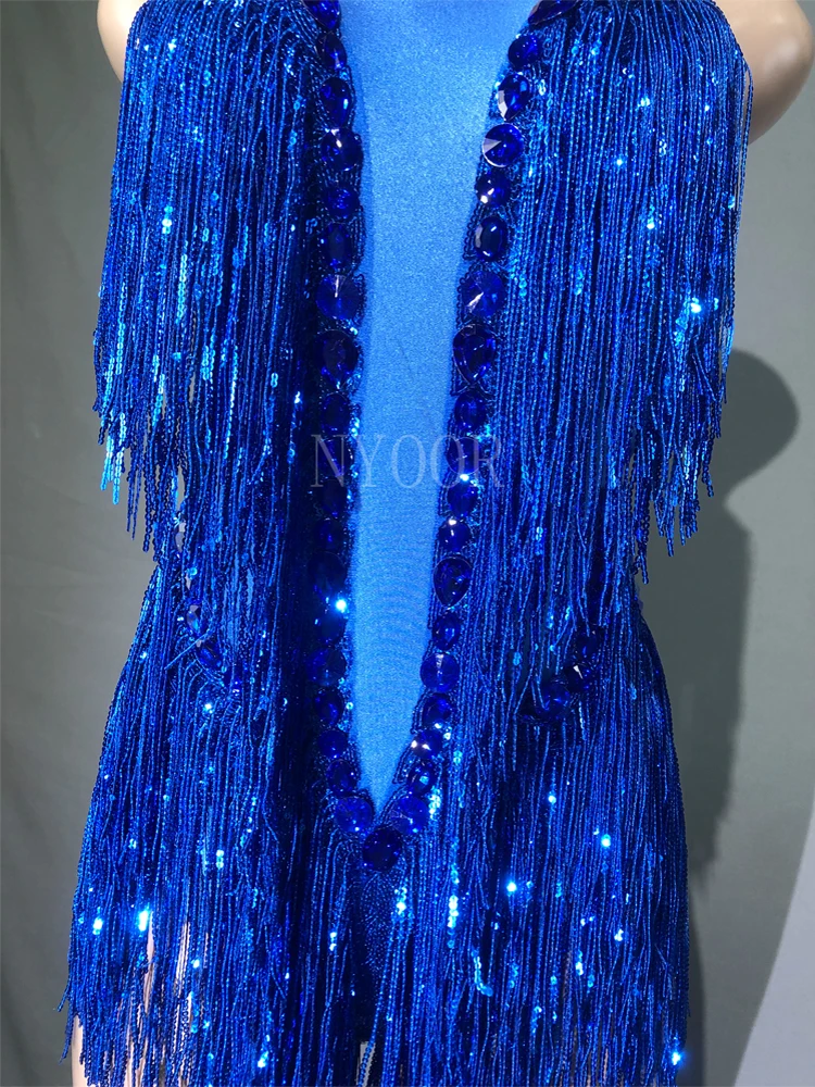 Sparkly Rhinestones Sequins Tassel Leotard Women Nightclub Outfit Singer Dancer Costume Stage Wear Sexy Performance Bodysuit