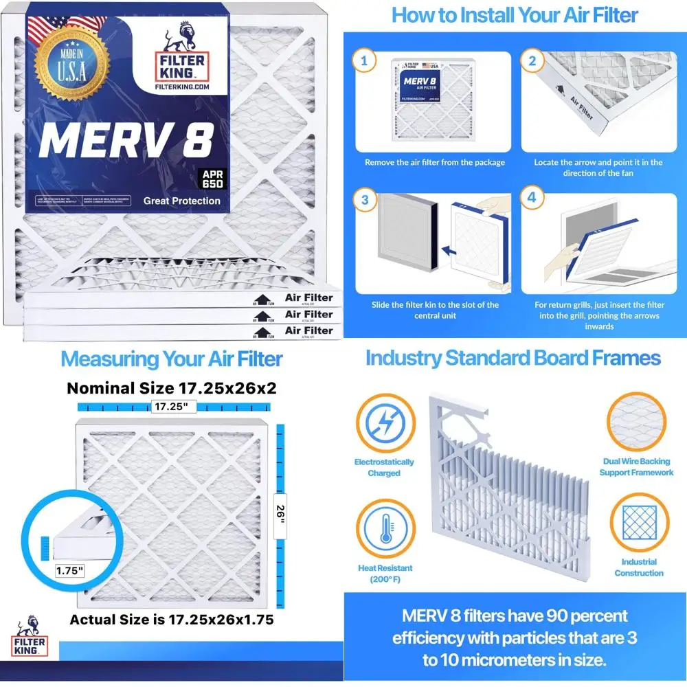 6-Pack MERV 8 Pleated Air Filters for HVAC and Furnace - 17.25x26x1, Made in USA, Actual Size, High Efficiency Air Cleaning